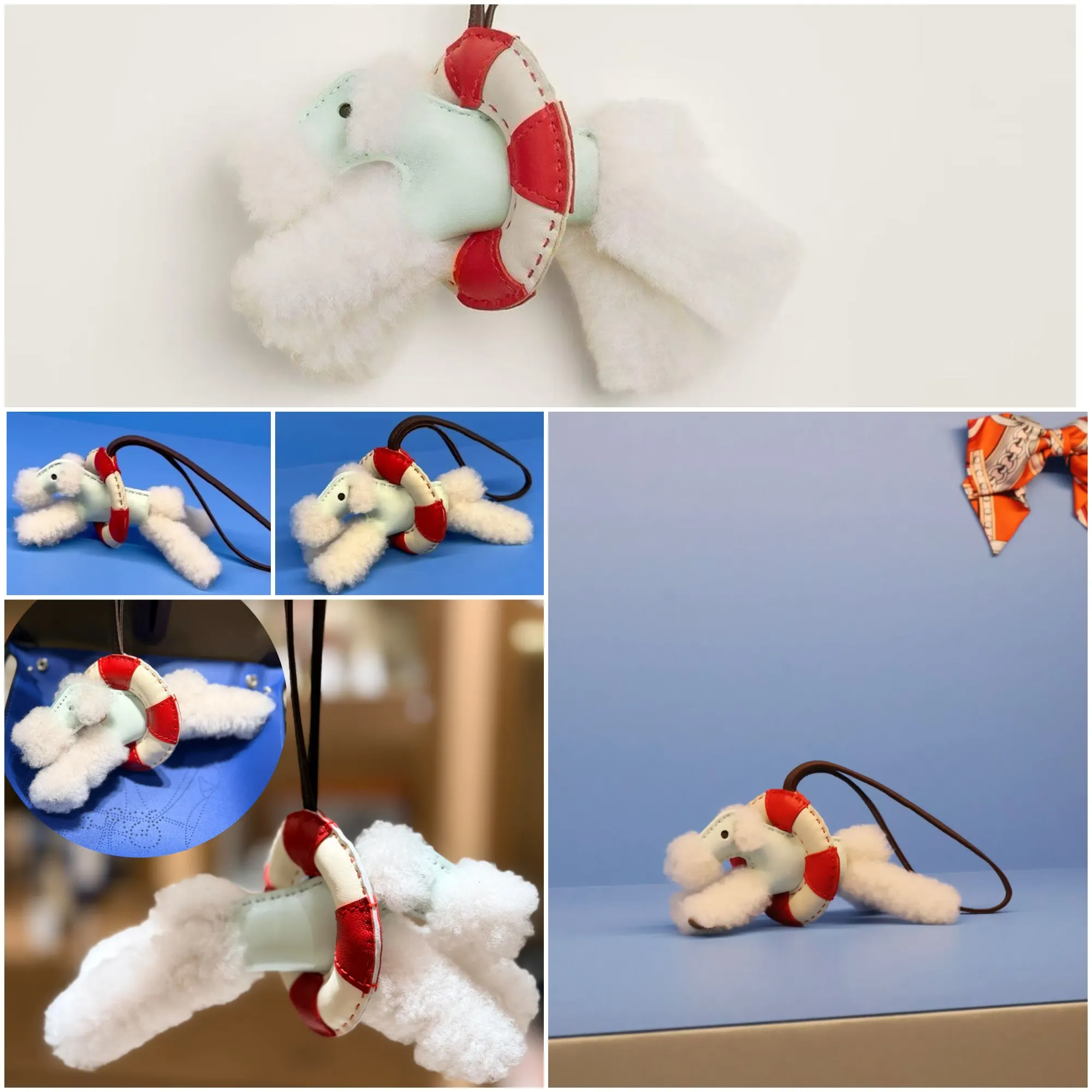 收藏者分享Hermès Budy「À la Mer」Charm（Écru／Peppermint）實物。白色Merinos羊毛Fox Terrier配搭Peppermint薄荷綠色上衣、紅白相間救生圈及黑色皮革掛繩。據分享，該版本早於2025年底品牌新品展示中已亮相，其後亦有用家於2026年7月在澳門Hermès門店購入；截至撰文時，香港Hermès官網仍未見此配色上架。