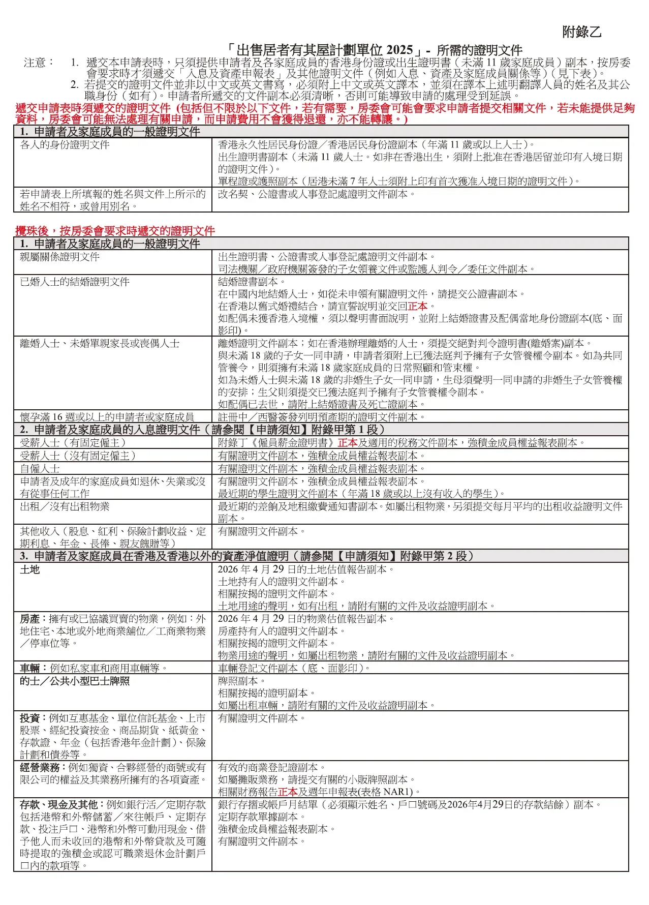 「居屋2025」申請指南附錄乙列出相關資產證明文件要求,申請人除填報資產資料,亦應保留及準備相關證明文件,以便房屋署審核。