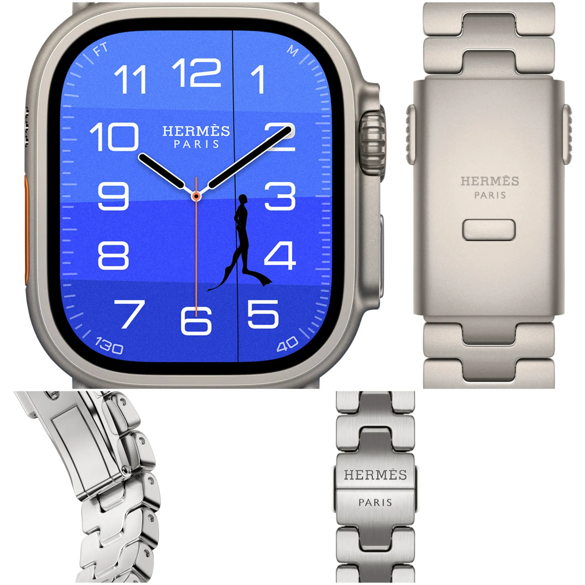 Hermès Grand H錶帶採用可調校式不鏽鋼鏈節,加入H形圖案及蝴蝶形錶扣,亦係Hermès版本與普通Apple Watch較明顯嘅外觀差異之一。