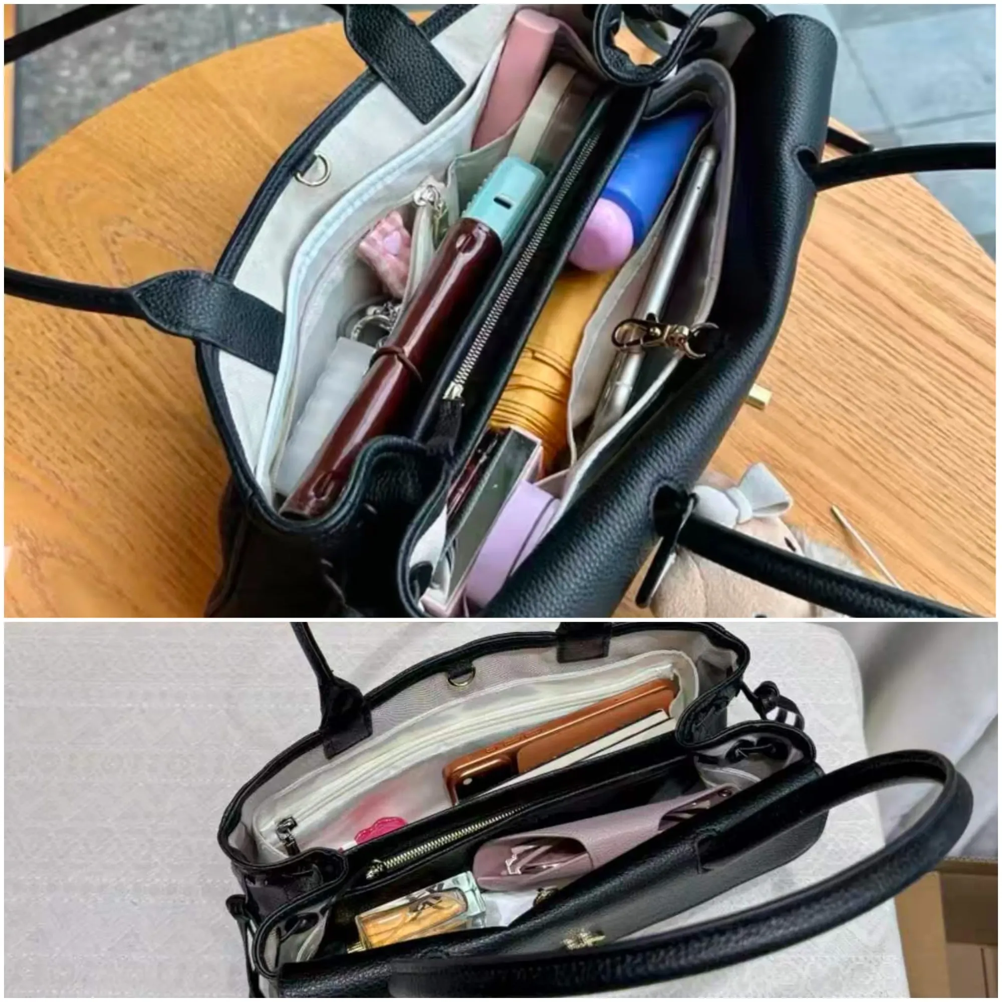 實物容量示範,可收納手機、長銀包、AirPods、車匙及基本化妝用品。相比近年流行嘅 Mini Bag,Small Shopping Tote 更容易應付日常外出需要。