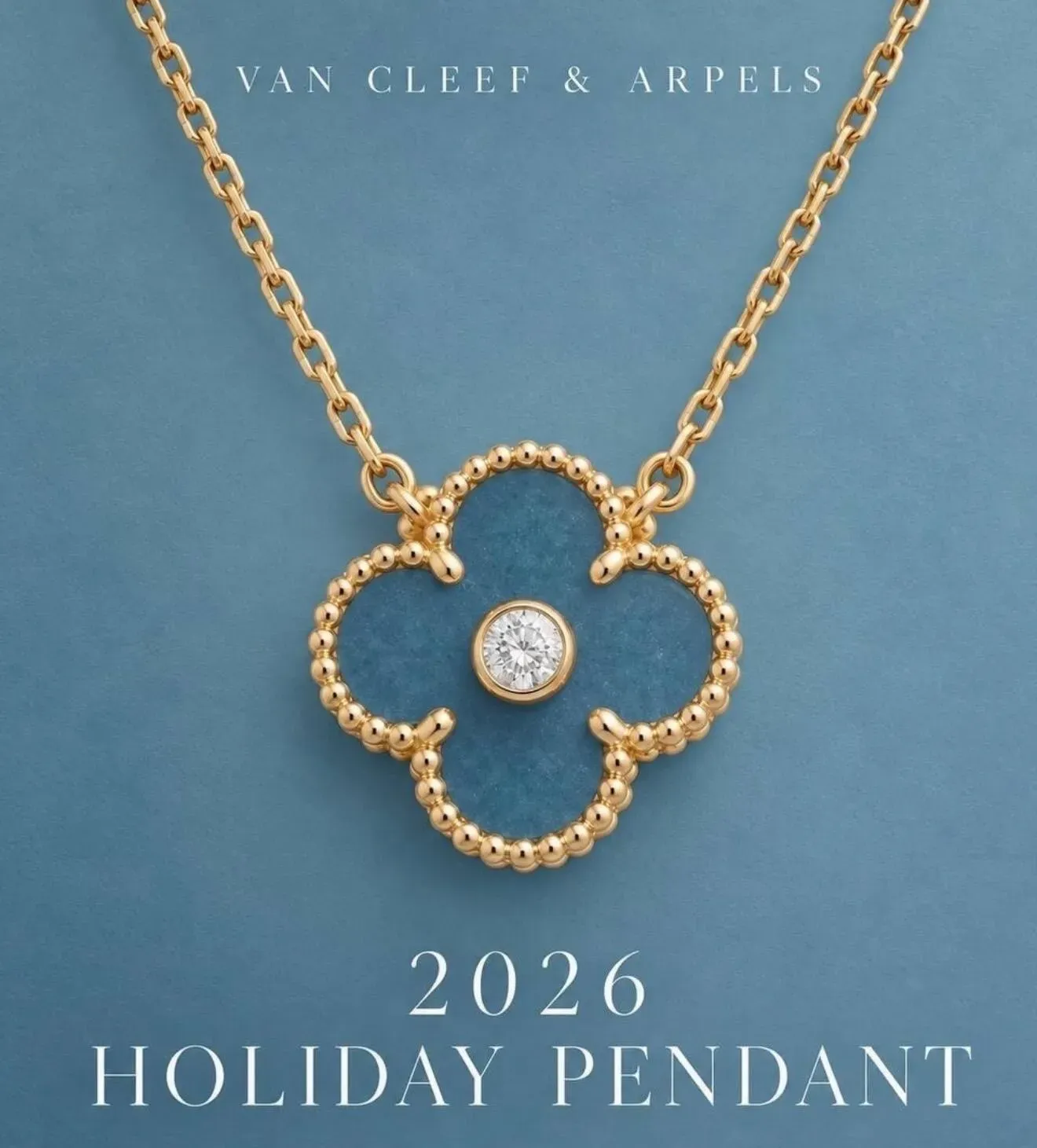 網絡流傳嘅2026 Holiday Pendant完整實物圖，五花造型以藍灰色Porcelain為主，配黃色黃金及中央鑽石。