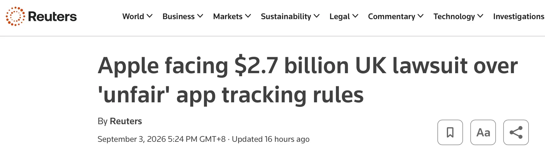 根據路透社（Reuters）引述嘅資料，呢宗喺2026年9月3日披露嘅案件，主要指控蘋果對第三方應用程式開發者實施嘅「應用程式追蹤透明度」（App Tracking Transparency）規則，比蘋果自家嘅廣告服務更加嚴格。