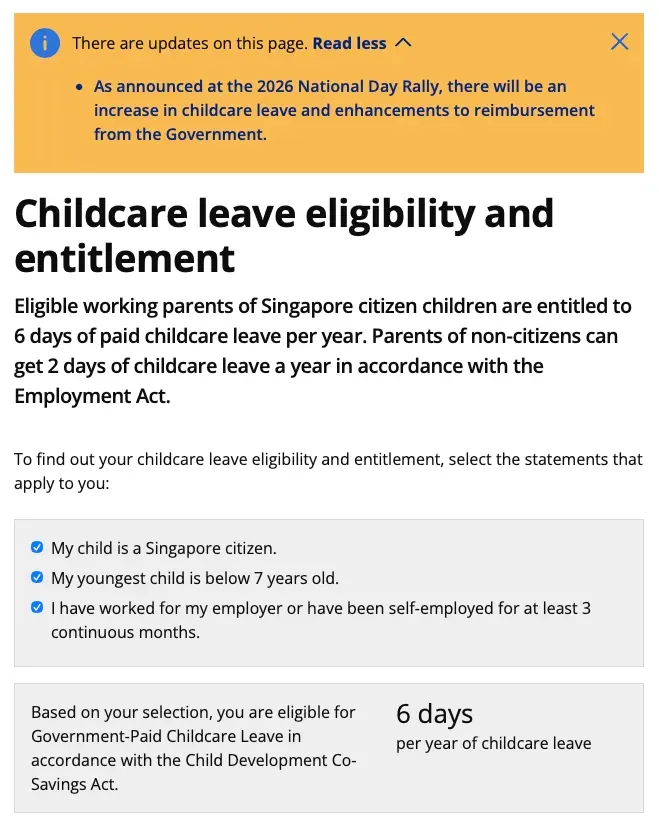 如果子女年齡喺6歲或以下，每位在職父母每年可以享有嘅育兒假，將由現時嘅6日倍增至12日