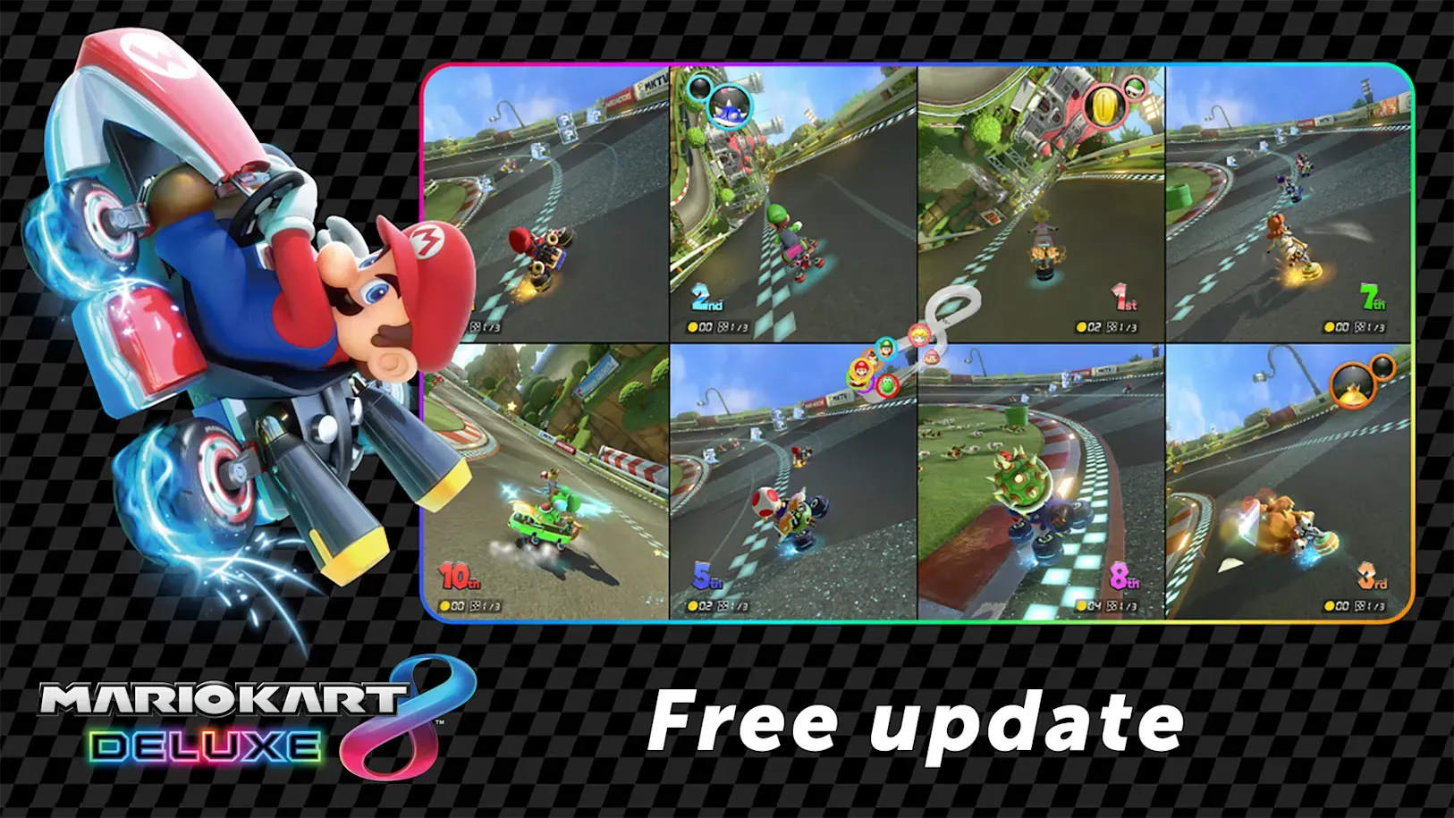 《瑪利奧賽車 8 豪華版》(Mario Kart 8 Deluxe)正式為 Switch 2 主機推出免費更新,加入咗期待已久嘅 8 人分割畫面模式。