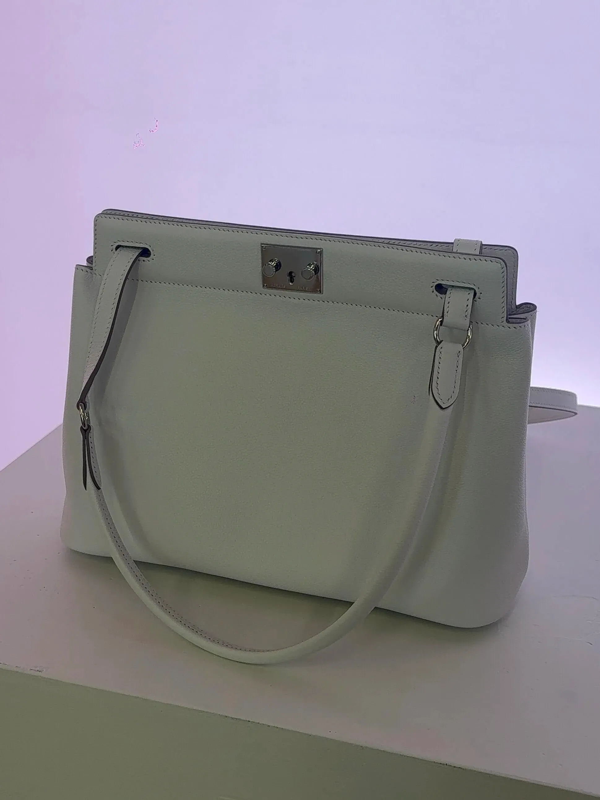 網民分享Hermès Toolbox實物圖，可見袋身採用較挺身嘅結構，單一管狀手柄及正面金屬牌扣均較為突出。