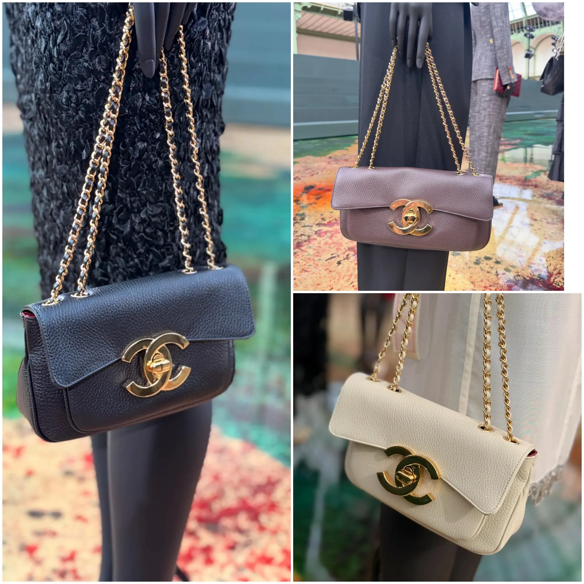 CHANEL 2027春夏系列超大鎖扣白色口蓋包，以米白色粒面皮革配巨大金色&nbsp;CC&nbsp;轉鎖及雙色鏈條。