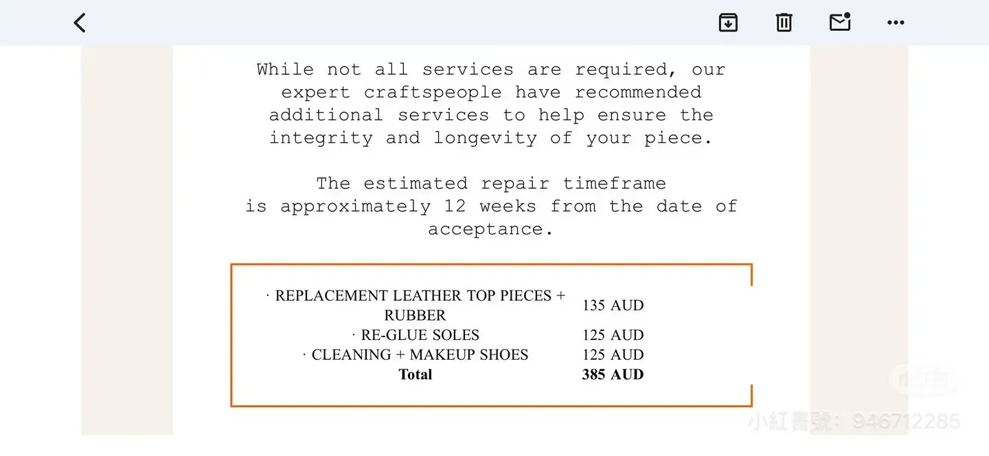 悉尼網民分享 Hermès 鞋履維修報價單,三項服務合共 AUD 385。