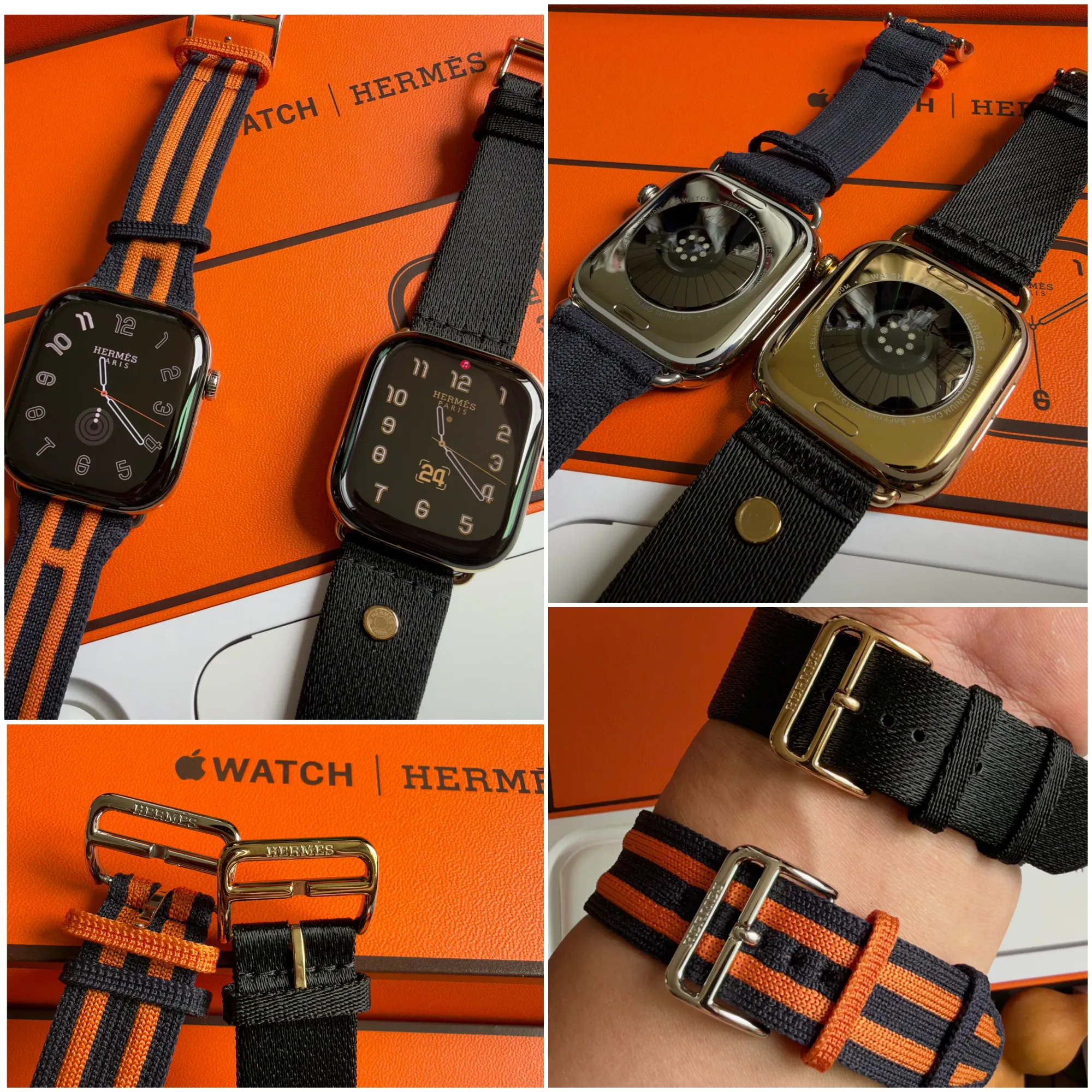 Apple Watch Hermès Series 12耀金色與銀色版本實物對比,網民發現兩款錶殼顏色不同之餘,錶面選擇亦似乎有所差異。