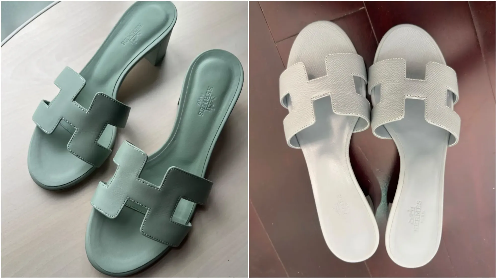 網民分享入手嘅&nbsp;Hermès Oasis Sandal，有跟鞋型配搭標誌性&nbsp;H&nbsp;字母鞋面。