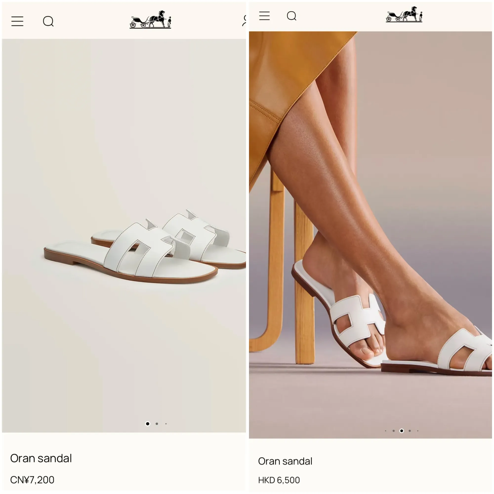 Hermes official listed price:&nbsp;白色&nbsp;Oran Sandal（Color：Blanc）香港售價為&nbsp;HK$6,500，廣州／中國內地售價則為人民幣&nbsp;¥7,200。