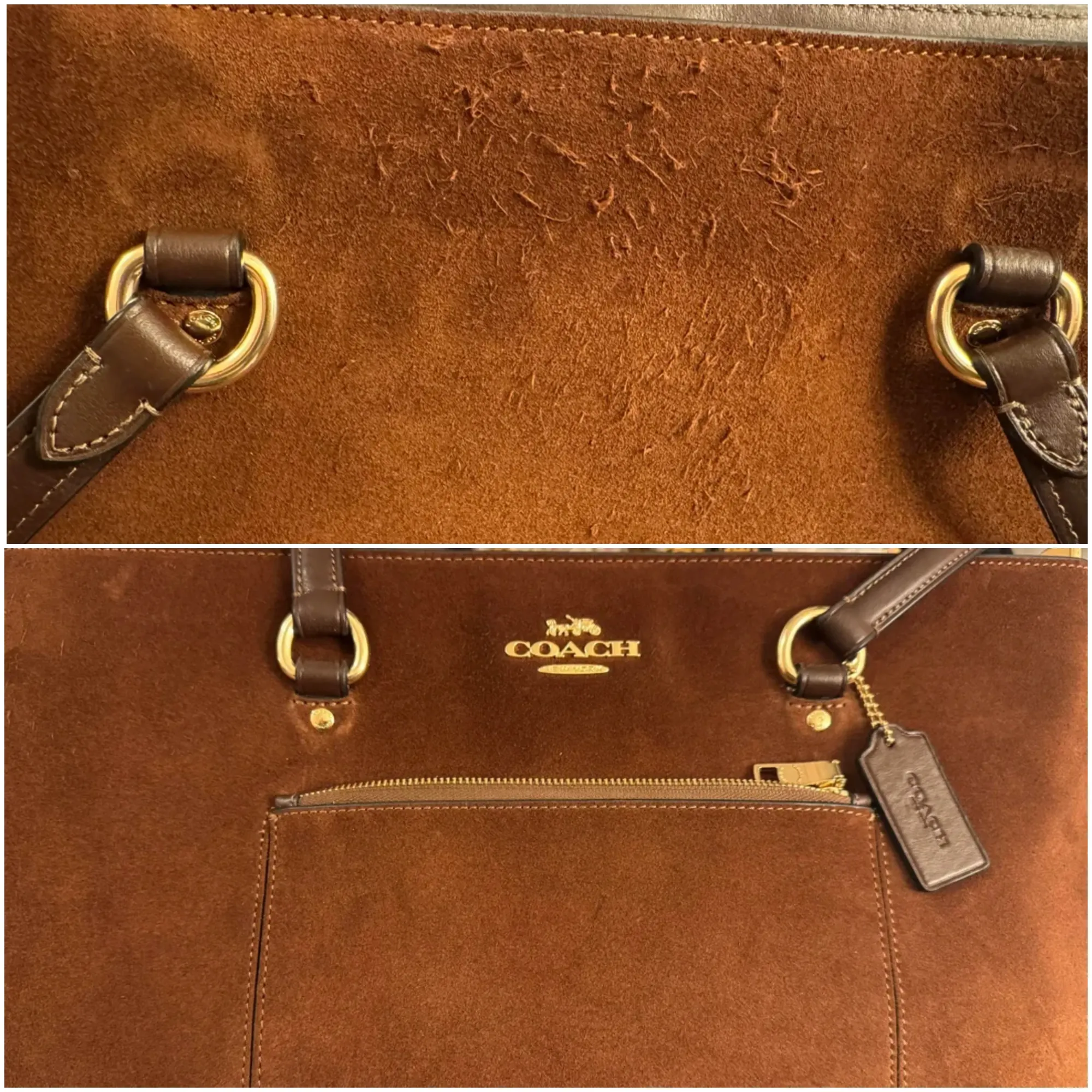 Coach 麂皮袋使用約5至6次後,袋身其中一側已出現明顯 Pilling,位置主要係孭袋時同身體磨擦嘅一面。