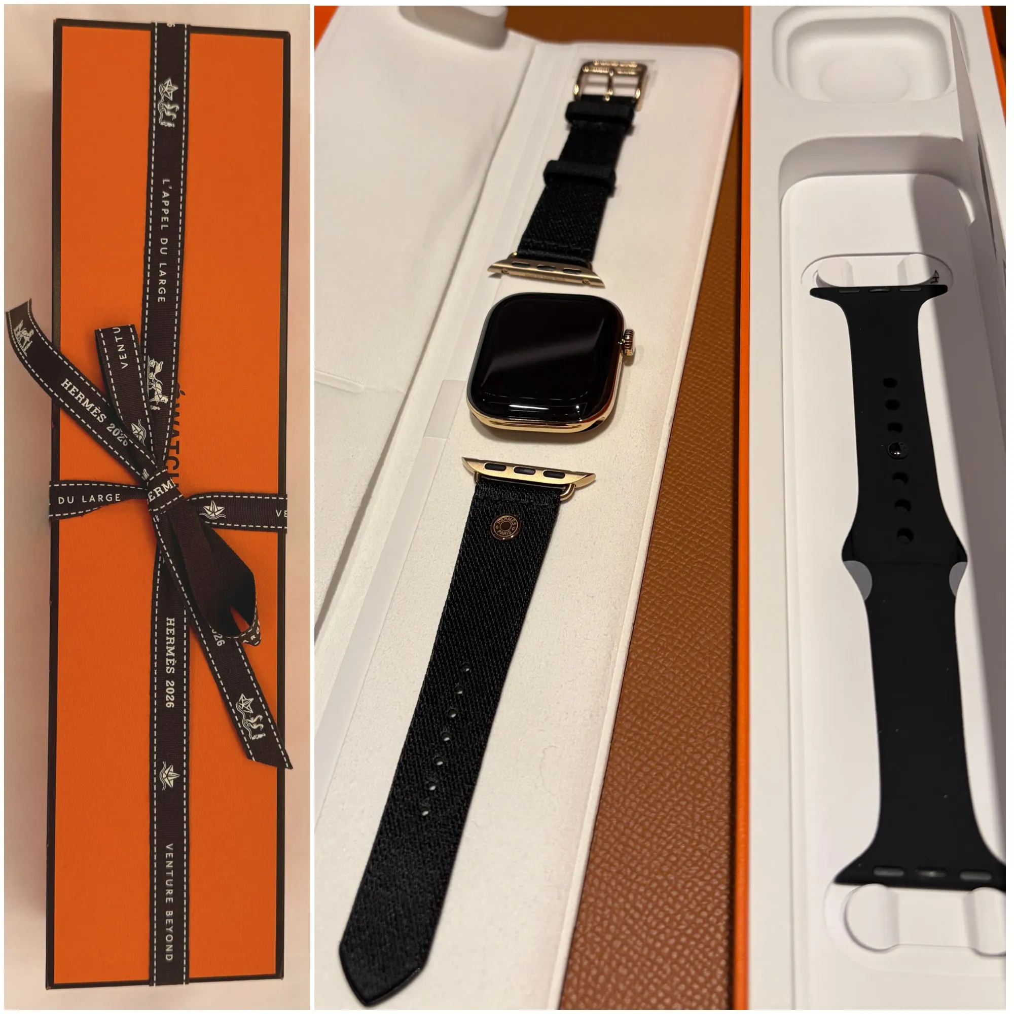 Apple Watch Hermès Series 12耀金色實物開箱,套裝除耀金色鈦金屬錶殼外,附有 Satin Clou de Selle黑色緞面錶帶及 M/L黑色Sport Band,一套配兩條錶帶。
