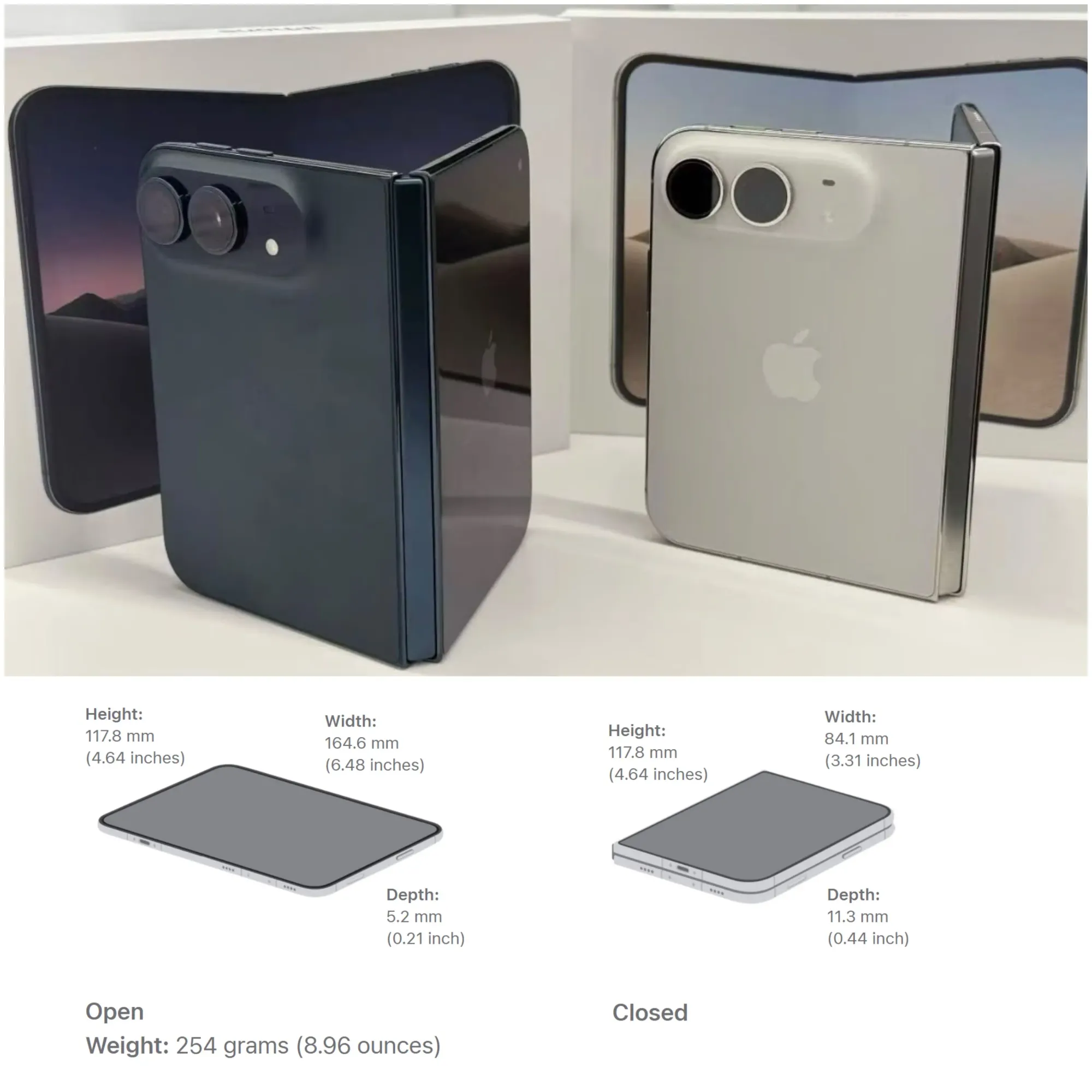 iPhone Duo 摺合後尺寸約為長 11.78 cm、闊 8.41 cm、厚 1.13 cm。