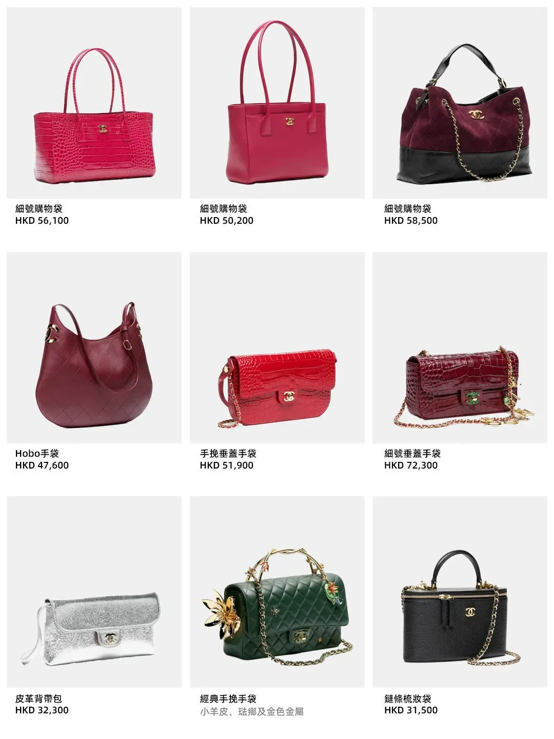 CHANEL 26K手袋及小皮具，包括HK$50,200至HK$58,500不同款式細號購物袋、HK$47,600 Hobo手袋、HK$51,900手挽垂蓋手袋及HK$72,300細號垂蓋手袋；皮革背帶包HK$32,300，鏈條梳妝袋HK$31,500。