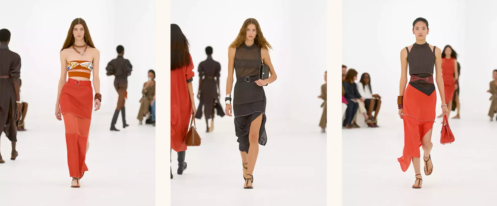 Hermès SS2027鮮橙色造型，以寬鬆輪廓配合明亮色調。