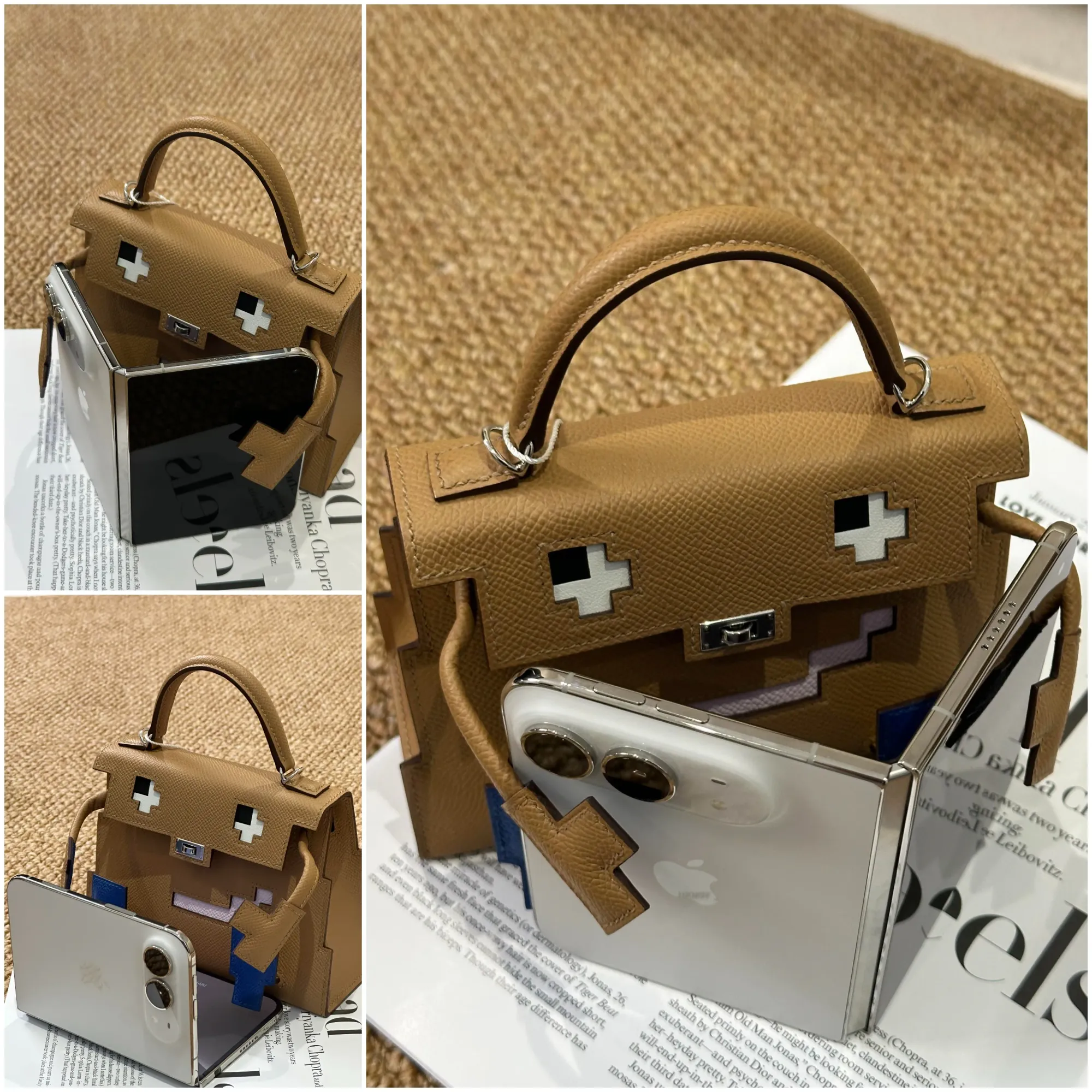 iPhone Duo 與 Kelly Doll Picto 同框展示,配合手袋參考尺寸,可作為觀察手機與迷你手袋比例嘅視覺參考。