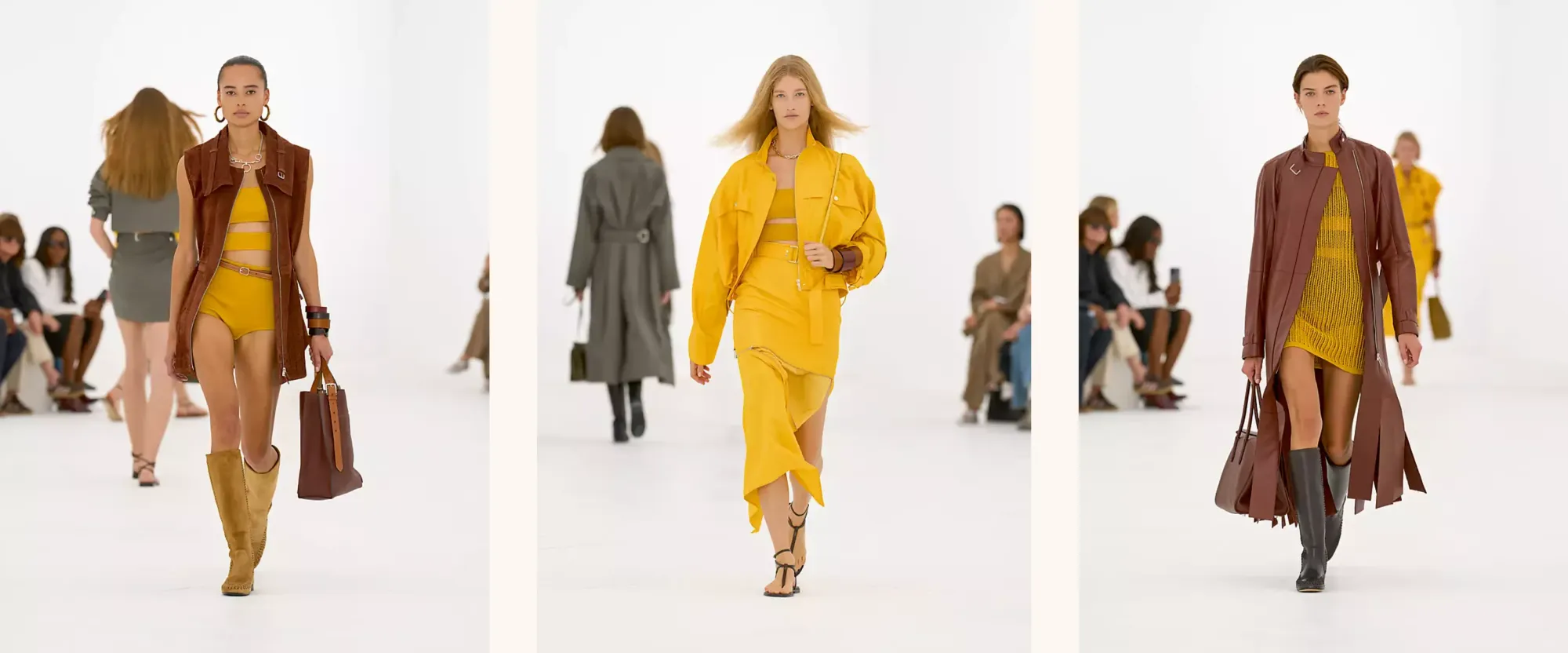 Hermès SS2027黃色造型，透過鮮明色彩突出夏季系列嘅輕盈感。
