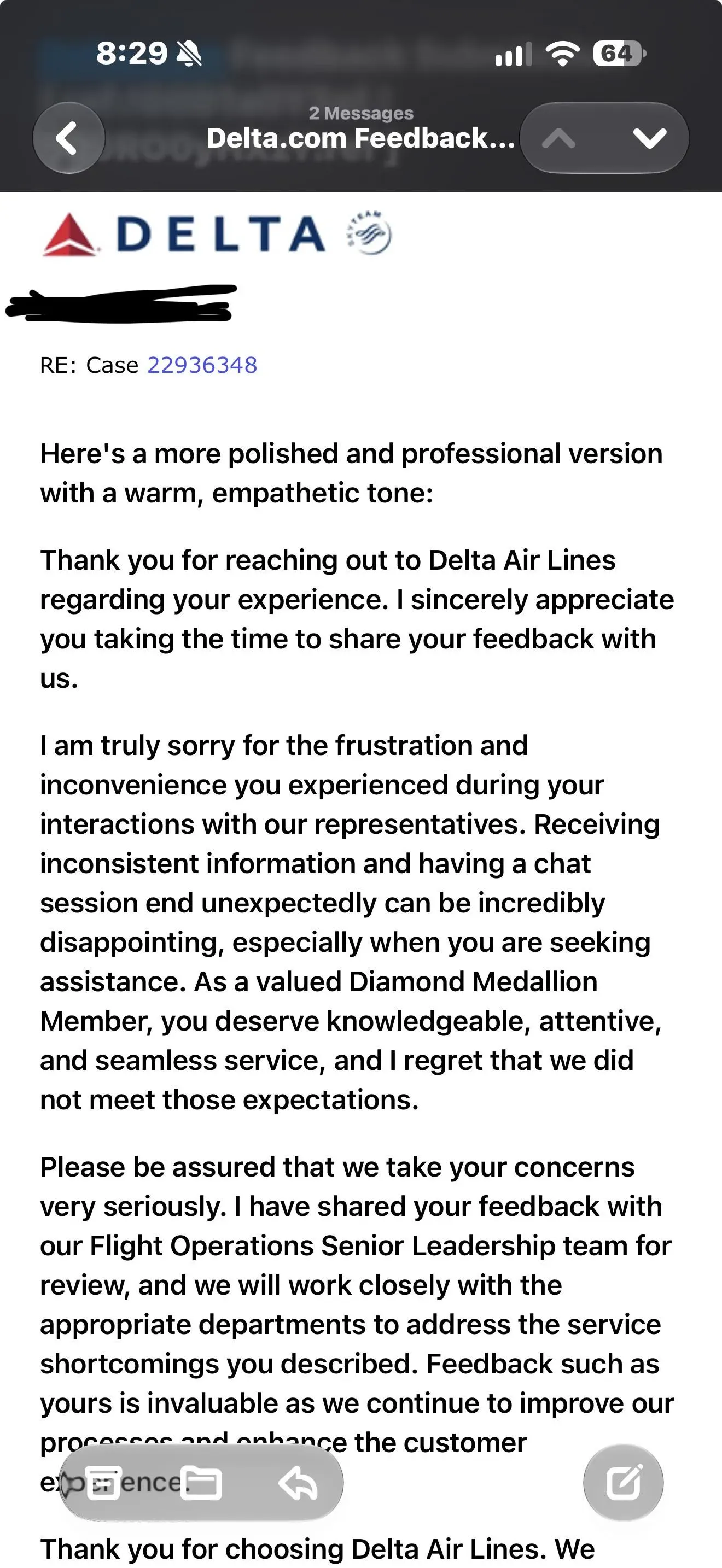 最近喺航空界發生咗一單尷尬事件。達美航空(Delta Air Lines)一名擁有鑽石會員(Diamond Medallion)資格嘅乘客,喺對聊天客服(Chat Support)嘅表現唔滿意而投訴之後,收到咗一封回覆電郵。