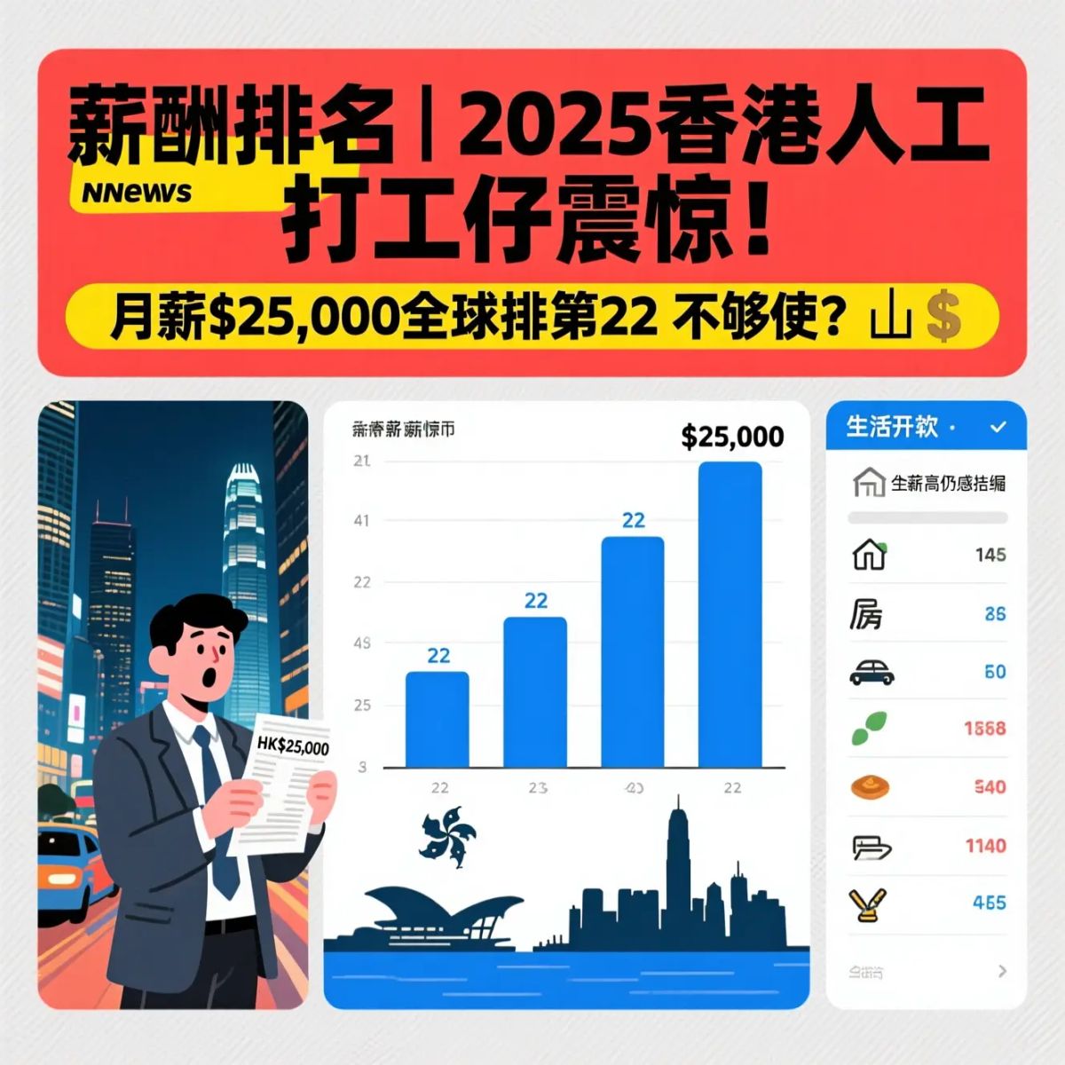薪酬排名|2025香港人工曝光 打工仔震驚！月薪$25,000全球排第22 唔夠使？📉💰(通義千問AI製圖)
