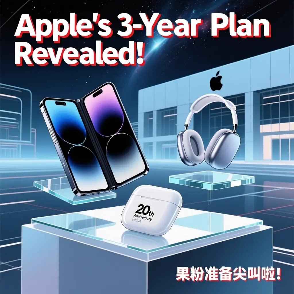 📢Apple三年計劃曝光！摺機、Air、20週年版逐年炸出！果粉準備尖叫啦！📱💥(通義千問AI製圖)