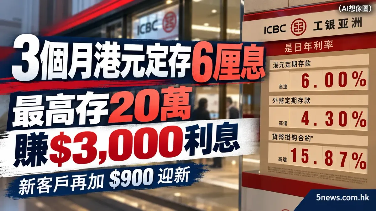 3個月港元定存6厘息：最高存20萬賺$3,000利息，新客戶再加$900迎新（限時）