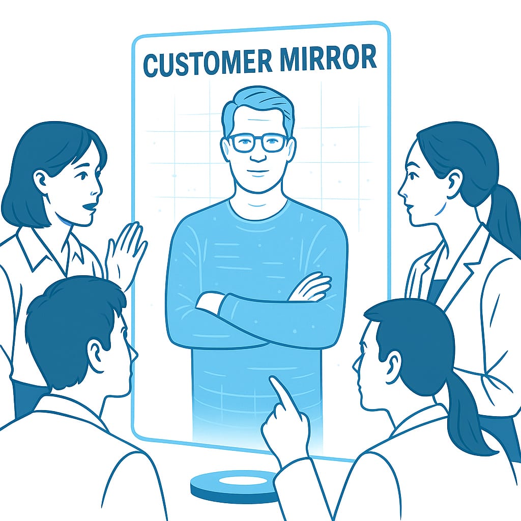 A Product Team asking and gathering feedback from a holographic projection of a customer, symbolizing AI driven feedback and reflection