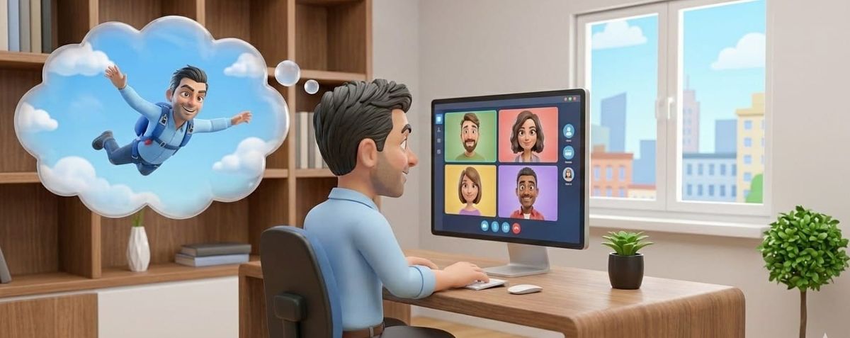 An illustration of a person distracted in a meeting, dreaming of skydiving, representing the "Meeting Ghost" phenomenon.