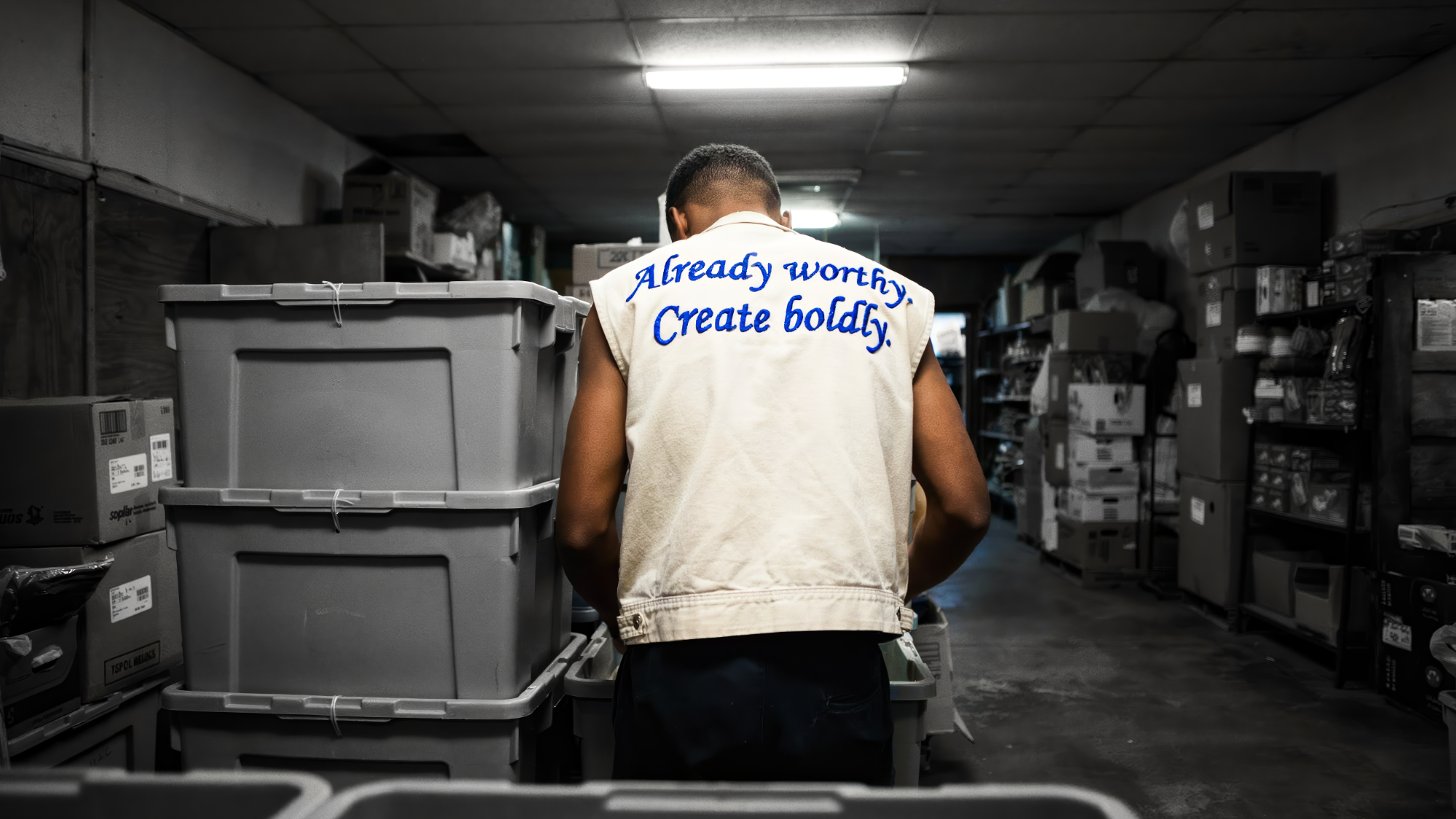 A Black teenager, the only figure in color in a black-and-white stockroom, works over gray totes in a cream embroidered vest.