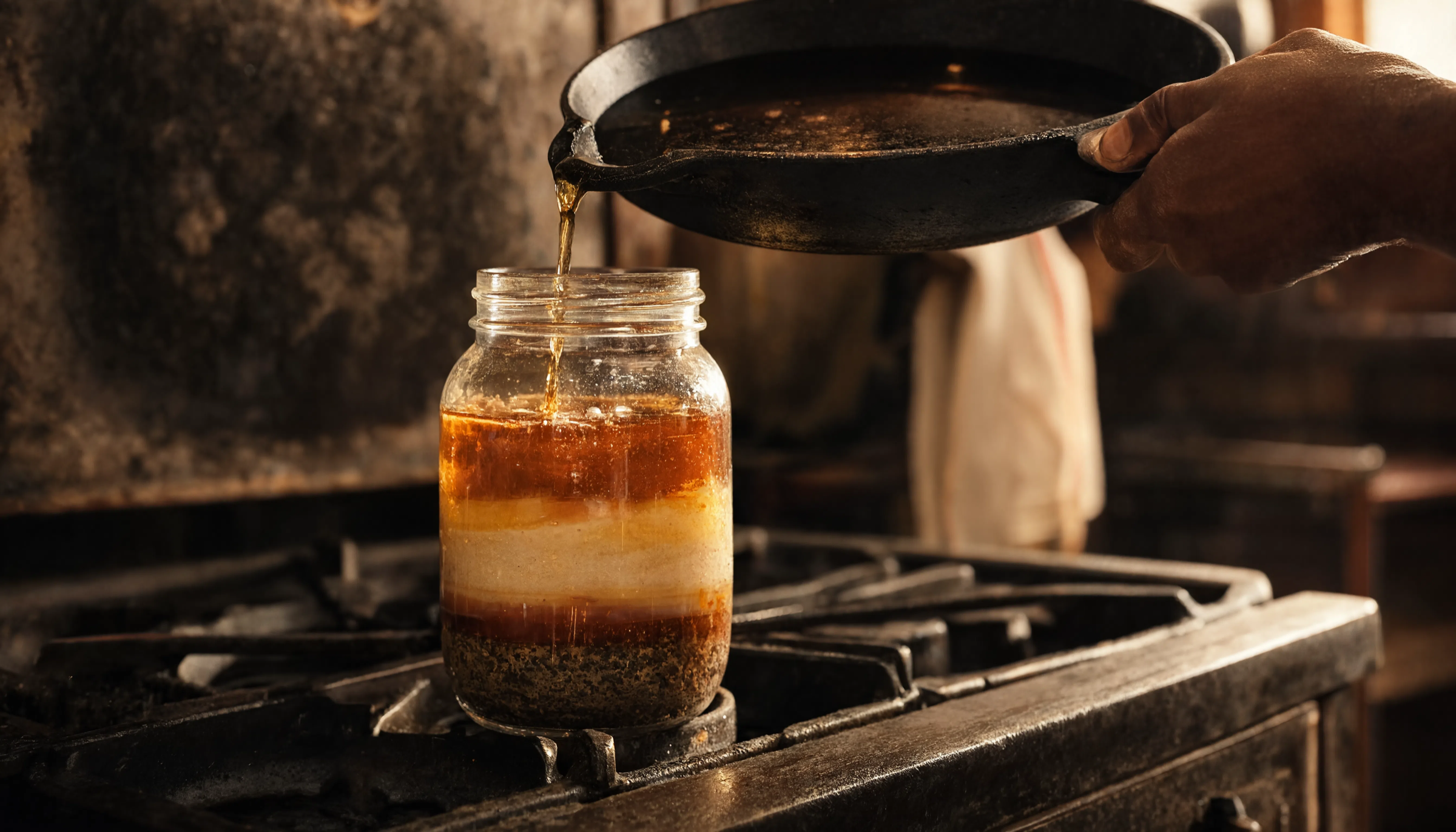 A deep brown hand tilts a cast-iron skillet over a glass jar on a worn stove, pouring hot fat into drippings already settled in layers, amber on top and a dark crust at the bottom.