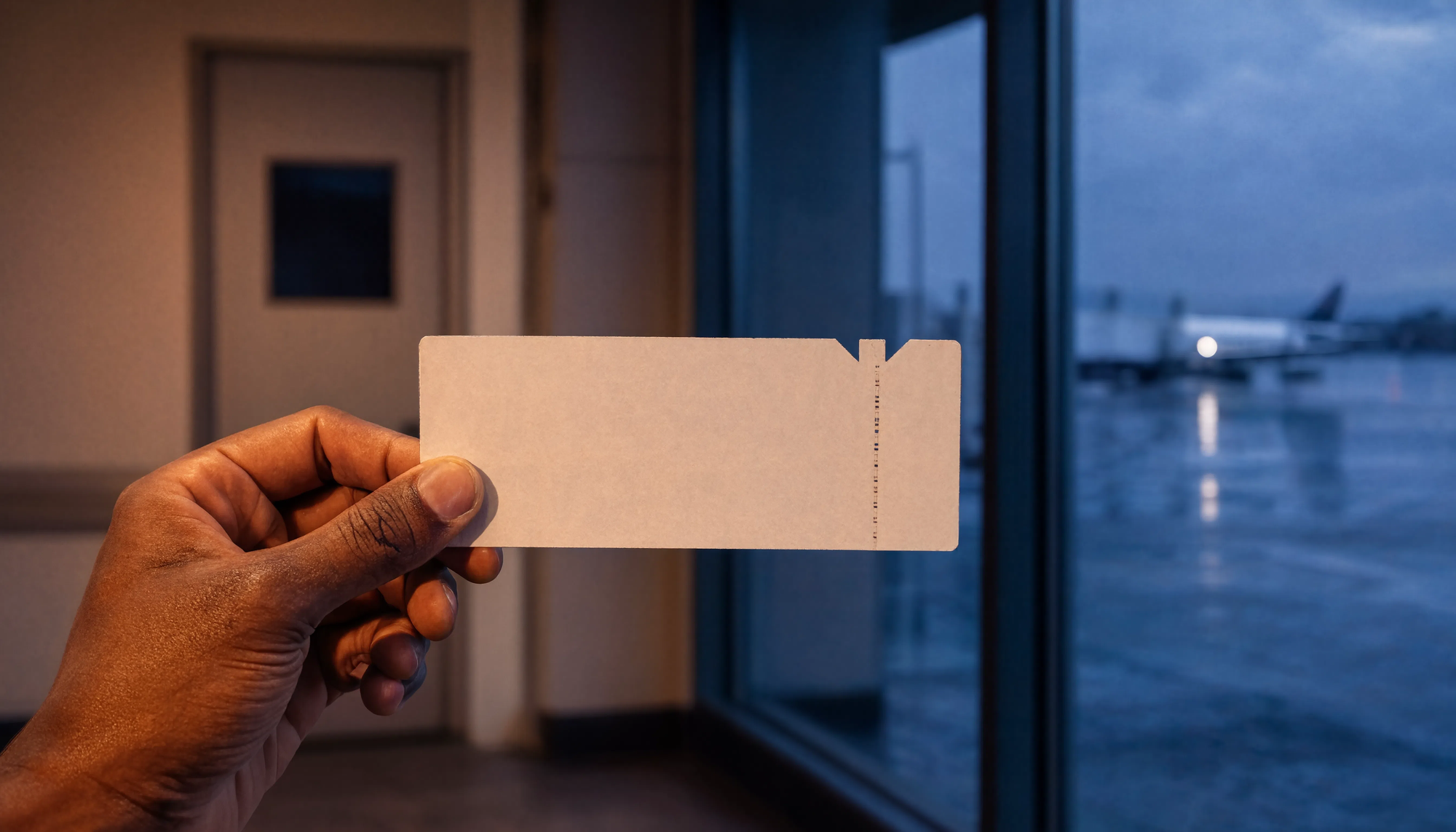 A deep brown hand holds a blank boarding pass with a perforated stub, lit warm against a closed gate door. Beyond the terminal glass, cold blue before dawn, a plane waits on wet tarmac.