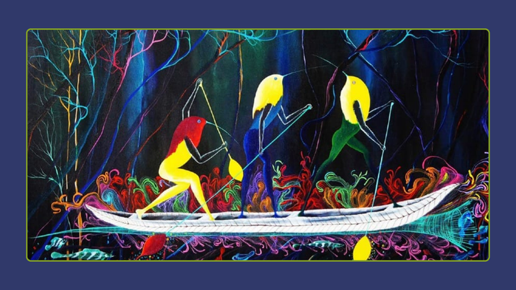 Retorno a casa (2024) , Rember Yahuarcani - 2 hybrid beings with bird heads and human bodies standing on a boat rowing through colorful jungle landscape 