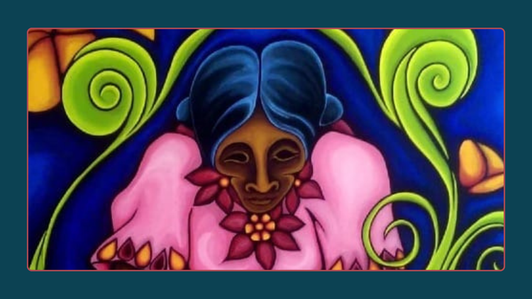 La Siembra (2017), Zamara Cuyun (Image ID: A brightly colored portrait of a woman planting seeds.
