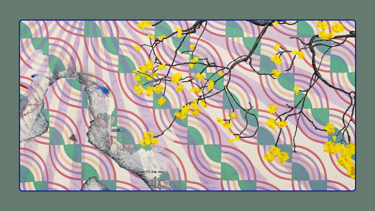 Quilt 35 (Vex), Sanford Biggers (Image ID: A multicolored quilt with branches and yellow flowers.