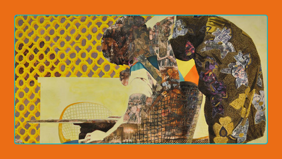 Nyado: The Thing Around Her Neck (2011), Njideka Akunyili Crosby – Art made from painting and collage depicting a seated person embraced from behind by another person
