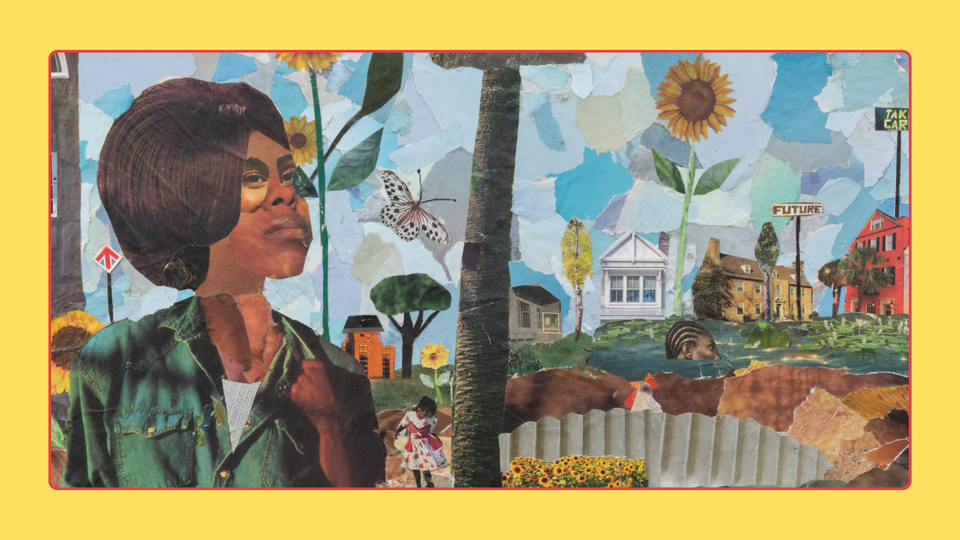 Seeking My Summer Song (2024) Della Wells - A colorful collage featuring a Black woman looking upward while surrounded by a vibrant neighborhood scene.