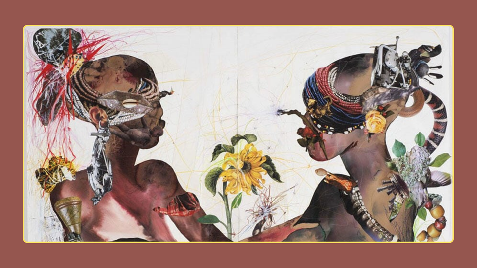You are my sunshine, Wangechi Mutu (2015). A painted collage depicting two, dark-skinned figures facing each other with arms entwined. 