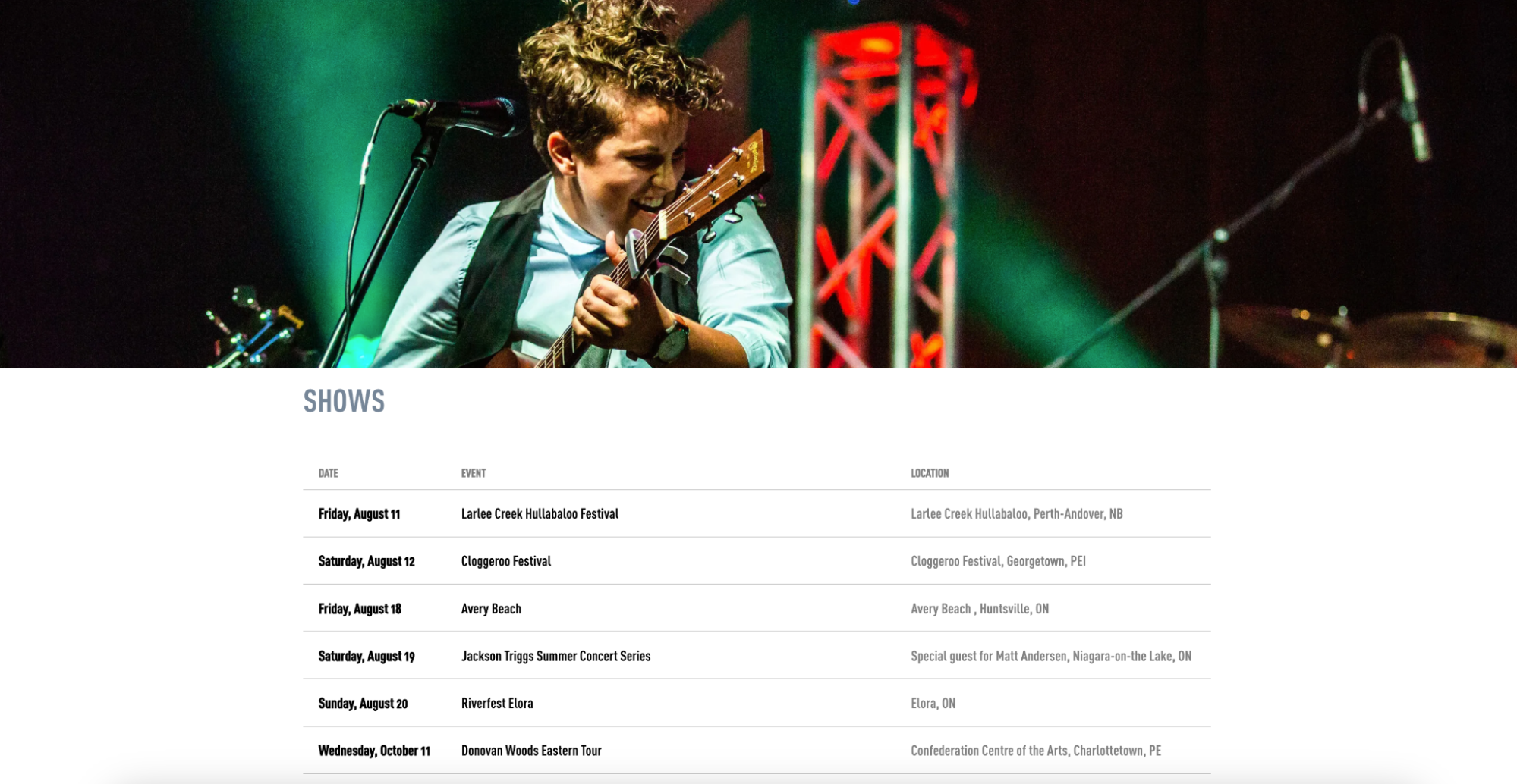 Screenshot of artist Kellie Loder's 'Events' page on their website