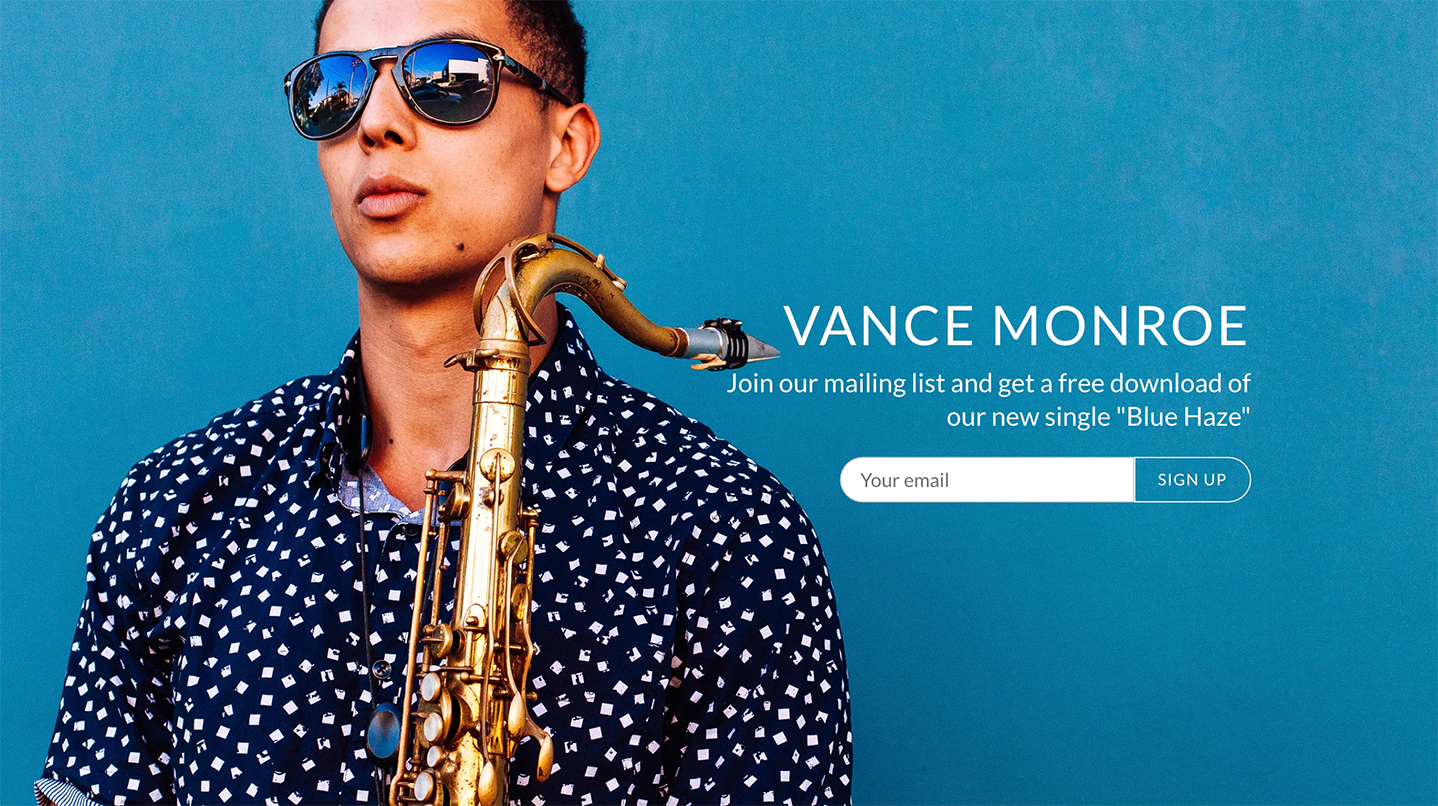 Bandzoogle blog: 5 Ways to Grow Your Email Marketing List as a Musician. Image of artist Vance Monroe's homepage displaying a mailing list signup form.