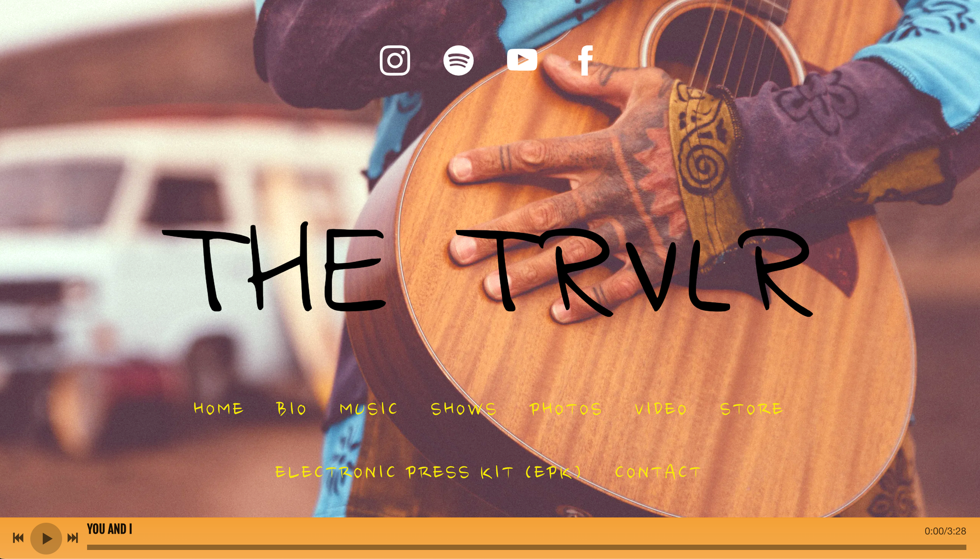 Bandzoogle blog: 10 best band and musician websites. Image of a screenshot from musician The Trvlr's website, using the Pulse music website template.