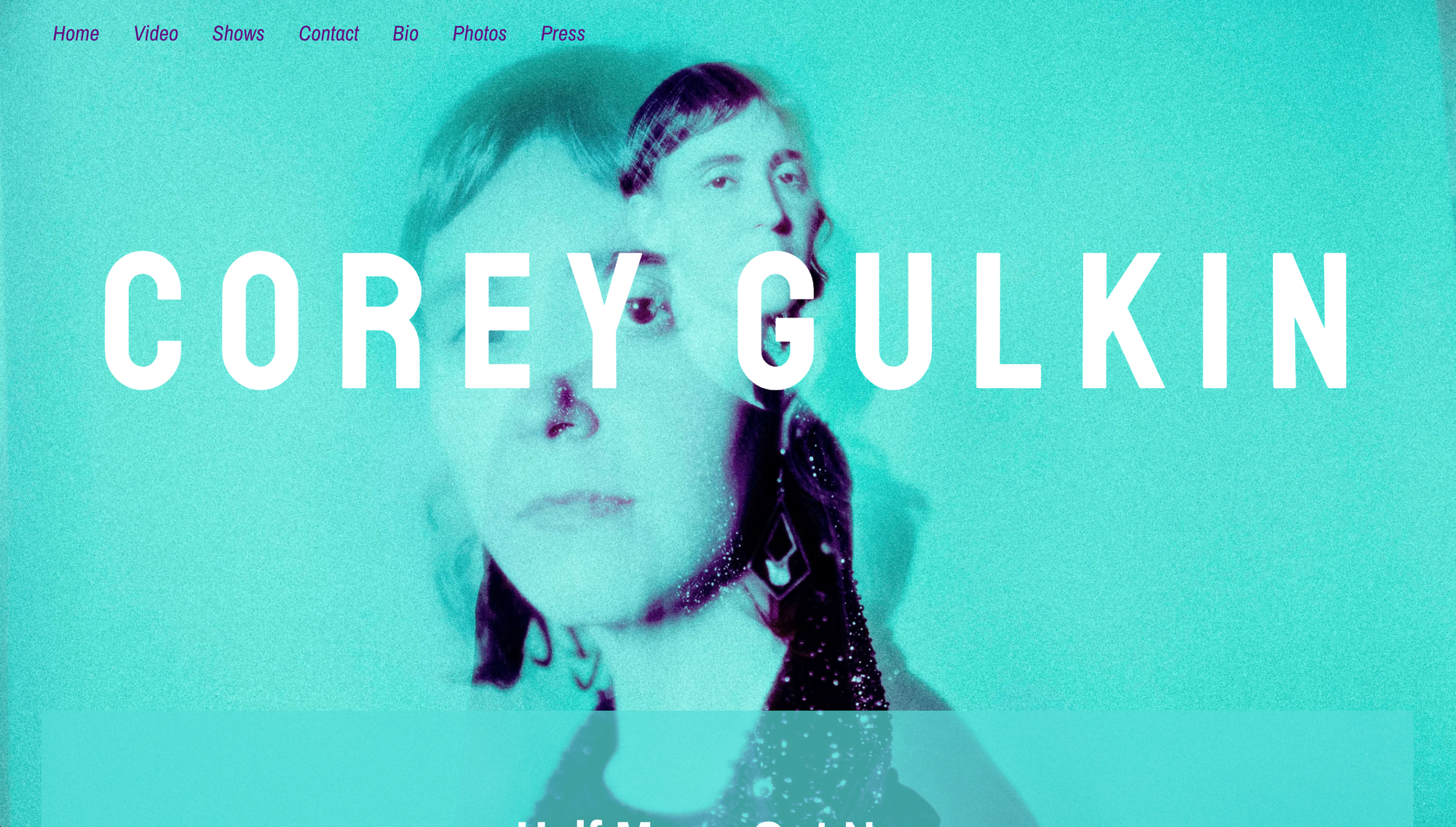 Bandzoogle blog: 10 best band and musician websites. Image of a screenshot from musician Corey Gulkin's website, using the Receiver music website template.