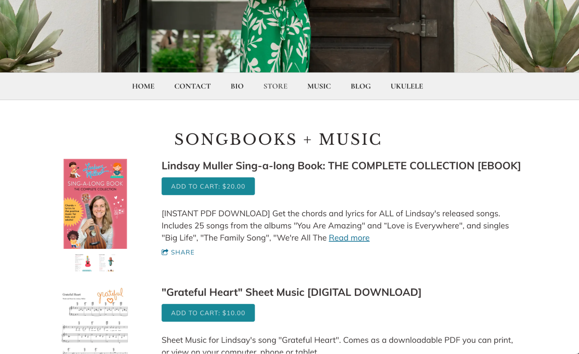 Bandzoogle blog: How to sell sheet music through your website. This image displays Bandzoogle member Lindsay Muller's Store page consisting of songbooks and sheet music for sale.  