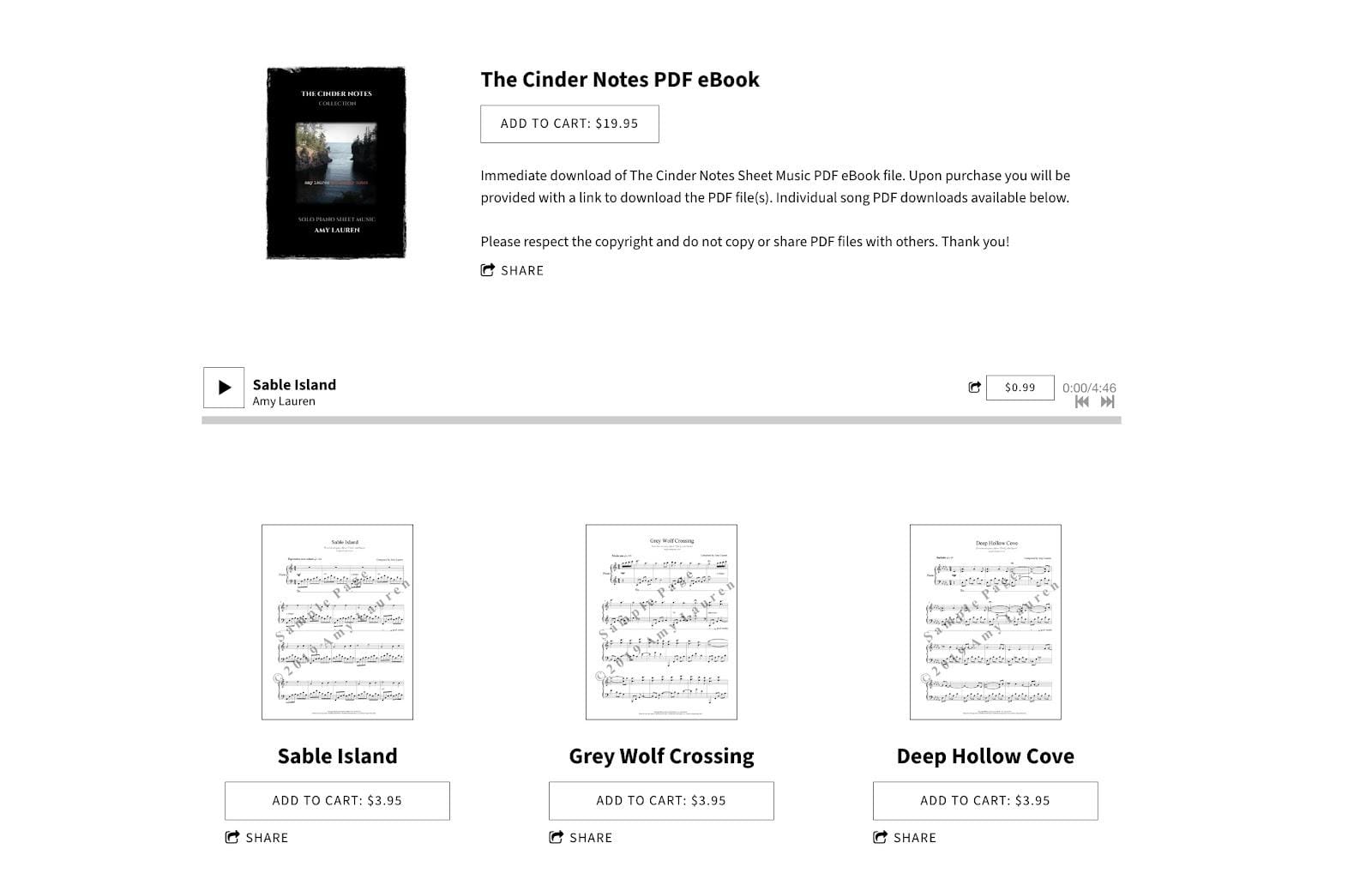 Bandzoogle blog: How to sell sheet music through your website. This image displays the website of Bandzoogle member Amy Lauren selling digital sheet music files from the Store feature.