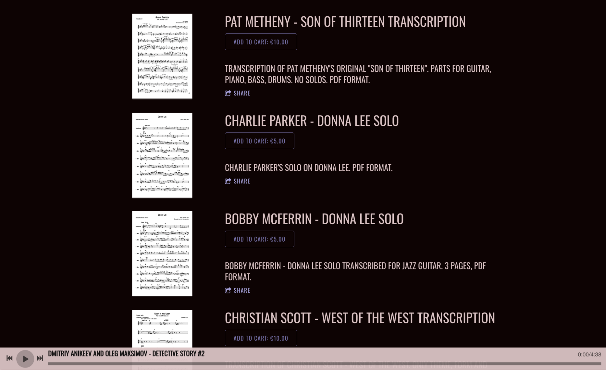 Bandzoogle blog: How to sell sheet music through your website. This image showcases the Store page of Oleg Maximov's Bandzoogle website, selling sheet music for all kinds of classic tunes. 