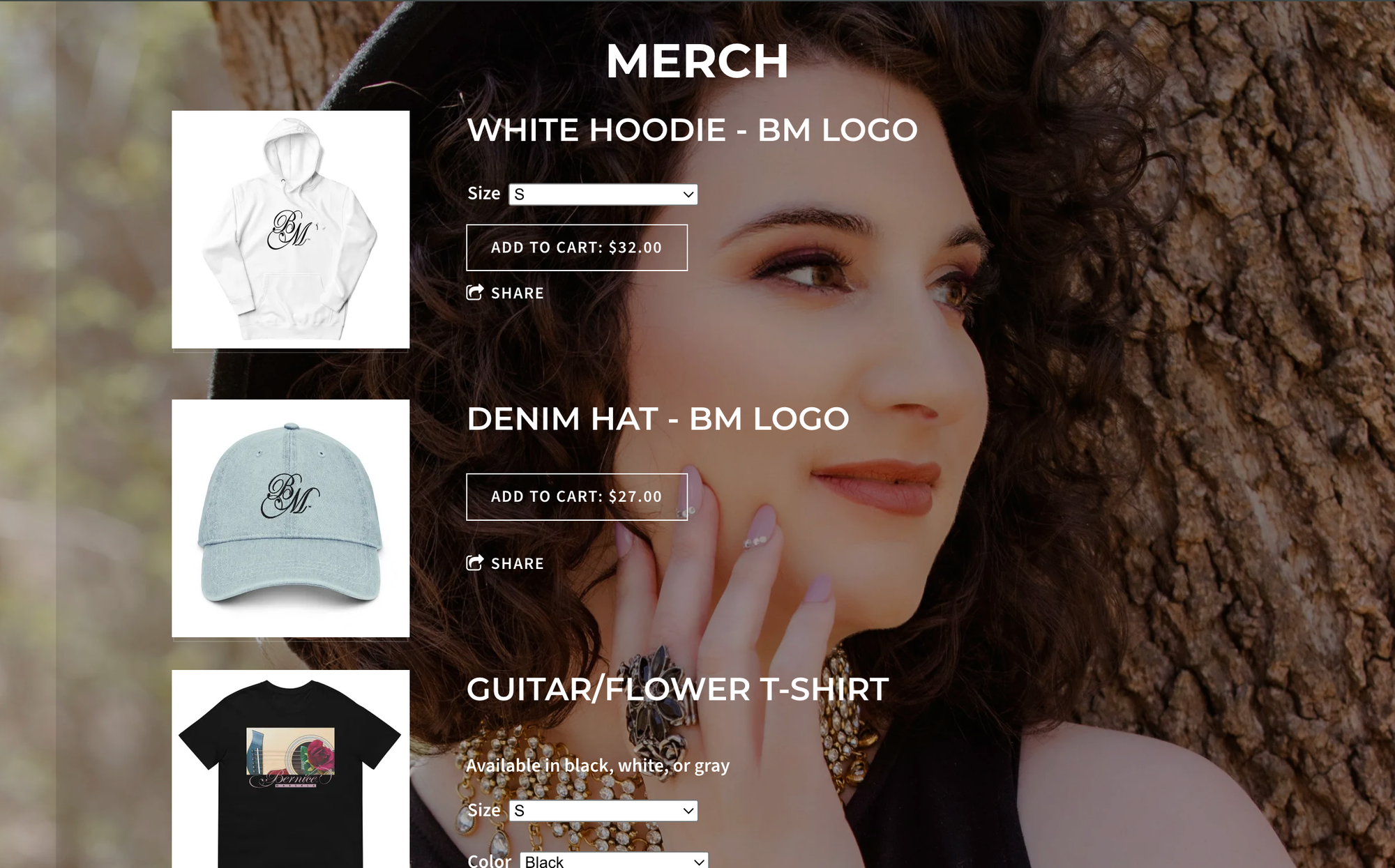 Bandzoogle blog: 5 best merch products to sell as a musician. Image shows the merch table from artist Bernice Marsala's website.