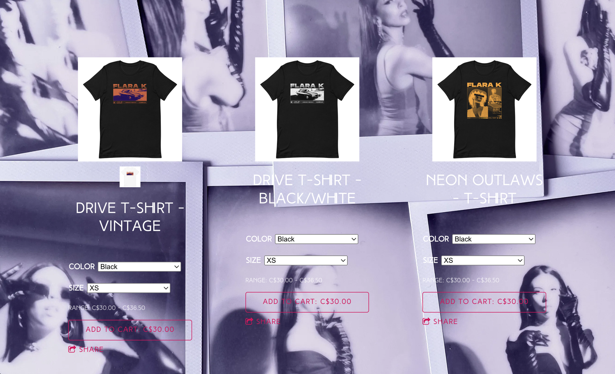 Bandzoogle blog: 5 best merch products to sell as a musician. Image shows the merch table from artist Flara K's website.