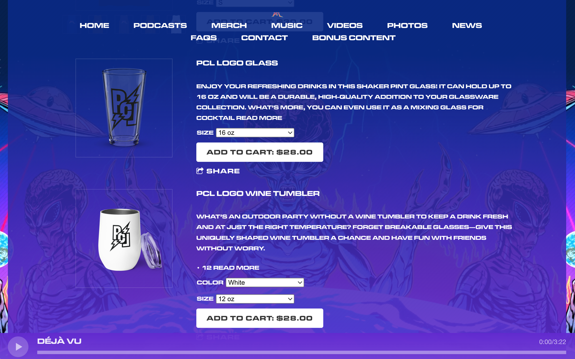 Bandzoogle blog: 5 best merch products to sell as a musician. Image shows the merch table from artist PCL's website.