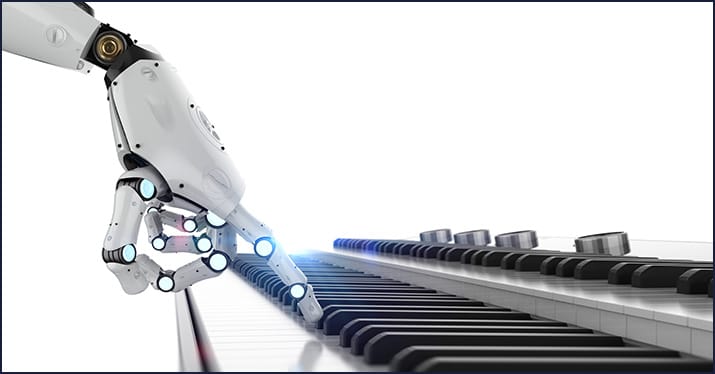 AI music composer touching a keyboard