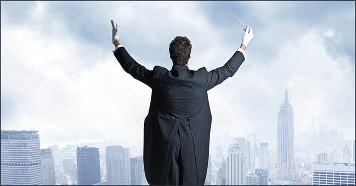 orchestra conductor atop a skyscraper