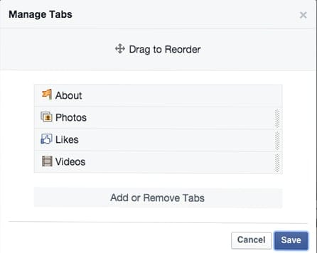 Manage tabs Facebook Page template