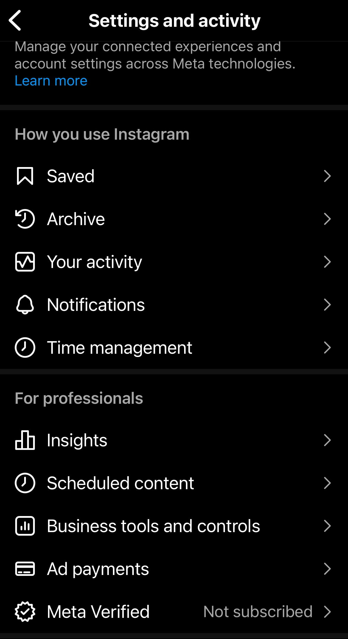 The Instagram settings page offers various options, including saved items, archive management, activity tracking, notifications, and time management. Additionally, it features professional tools like insights for Instagram analytics and ad payments.